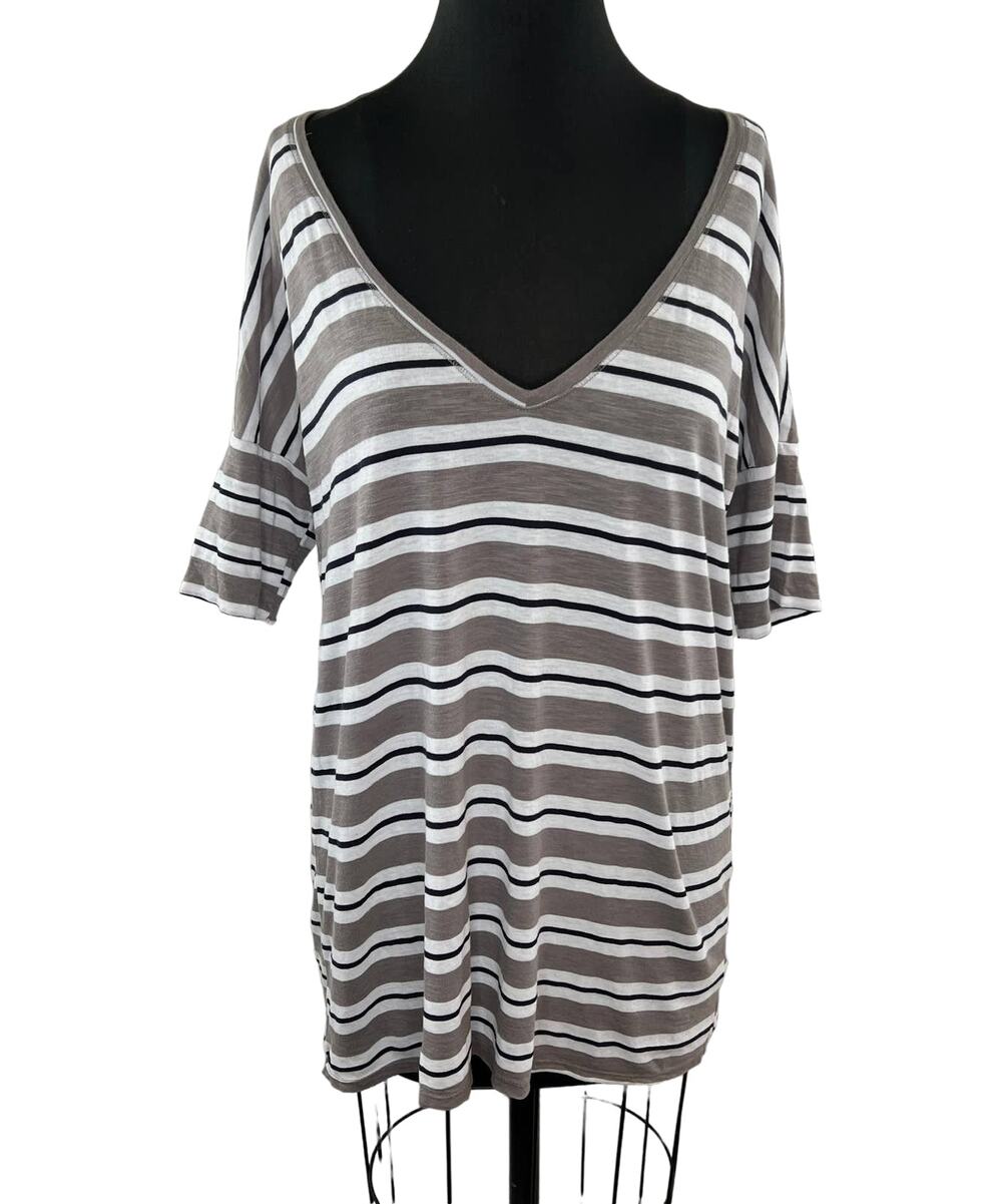MICHAEL STARS Gray White Striped Short Sleeve V-Neck Cotton Blend Tunic Size OS